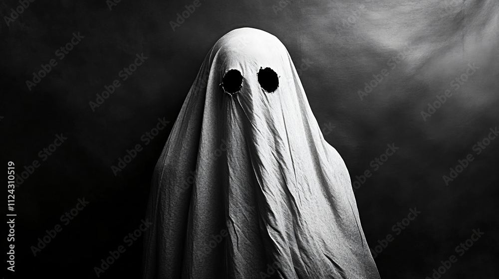 Wearing a ghostly sheet with eye holes cut out. Wearing a ghostly sheet with eye holes cut out.