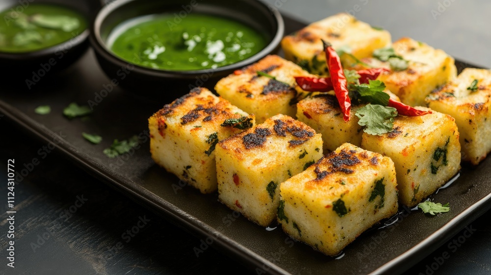 Deliciously Grilled Indian Dhokla Served on a Plate with Green Chutney and Garnished with Fresh Green Chili and Coriander Leaves for a Perfect Snack Deliciously Grilled Indian Dhokla Served on a Plate with Green Chutney and Garnished with Fresh Green Chili and Coriander Leaves for a Perfect Snack