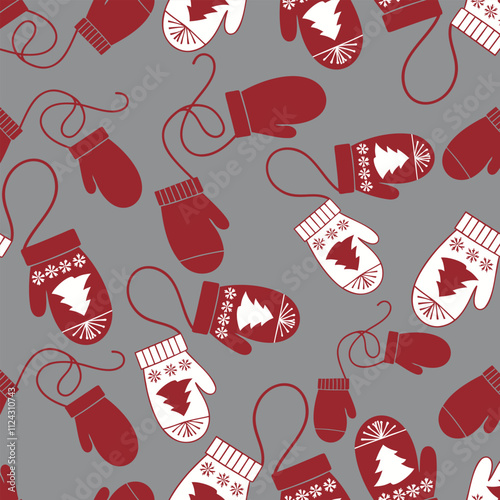 christmas winter white red mittens seamless vector pattern