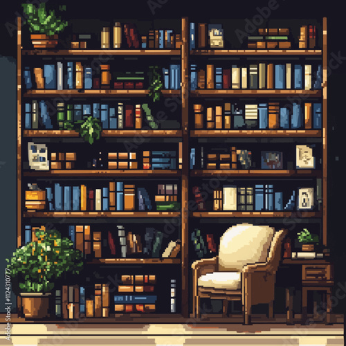 Create pixel art cozy bookstores with shelves of books and reading nooks, vector icon design, flat style.