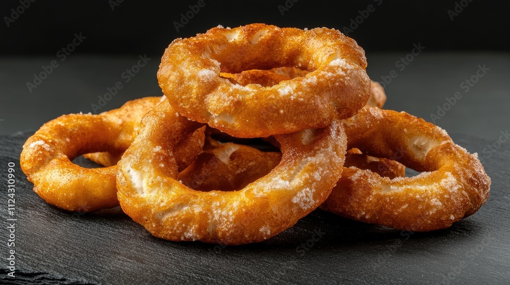 Freshly Made Sweet Dough Rings on a Dark Slate Background, Highlighting the Crispy Texture and Golden Color of Delicious Fried Pastries Perfect for Dessert Lovers