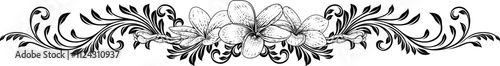 A plumeria frangipani tropical bali flower and filigree heraldic crest calligraphic motif, floral pattern horizontal divider design element. An original design in a vintage style.