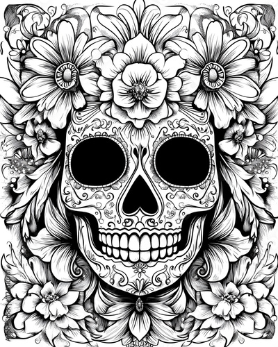 A skull with flowers and leaves on it. The skull is smiling and has a flower crown on its head