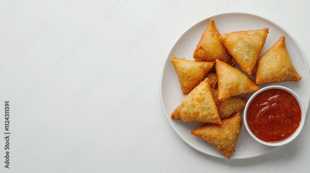 Crispy Golden Samosas with Tangy Red Sauce Served on a White Plate Against a Clean Background Ideal for Food Lovers and Culinary Websites Crispy Golden Samosas with Tangy Red Sauce Served on a White Plate Against a Clean Background Ideal for Food Lovers and Culinary Websites