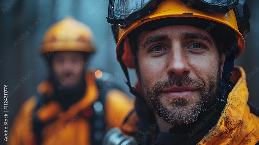 Firefighter in Protective Gear with Team Member in Background Portrait of a firefighter in safety gear, confidently looking at the camera, with blurred teammate in the background, set in misty outdoor Firefighter in Protective Gear with Team Member in Background Portrait of a firefighter in safety gear, confidently looking at the camera, with blurred teammate in the background, set in misty outdoor