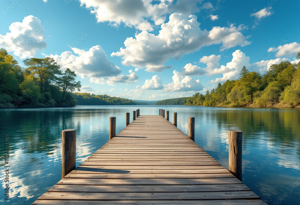 Obraz premium A wooden dock or pier extending into a calm lake or river, surrounded by lush greenery and a clear blue sky with fluffy white clouds