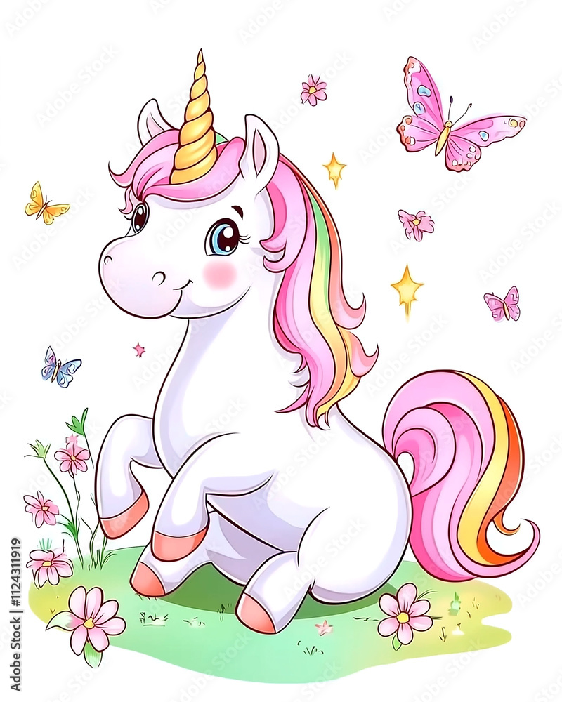 A cute unicorn is sitting in a field of flowers with a butterfly flying nearby. The scene is peaceful and whimsical, with the unicorn looking up at the butterfly with curiosity A cute unicorn is sitting in a field of flowers with a butterfly flying nearby. The scene is peaceful and whimsical, with the unicorn looking up at the butterfly with curiosity