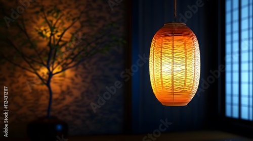 A glowing golden lantern hanging in a darkened room casting warm light around