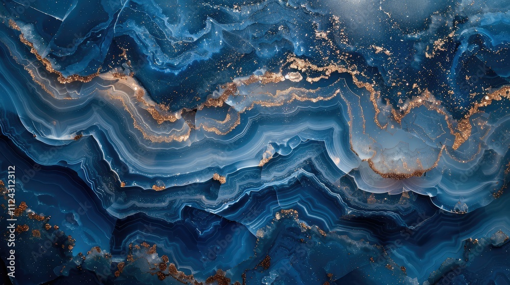 Fototapeta premium Abstract blue and gold marble texture with swirling patterns.