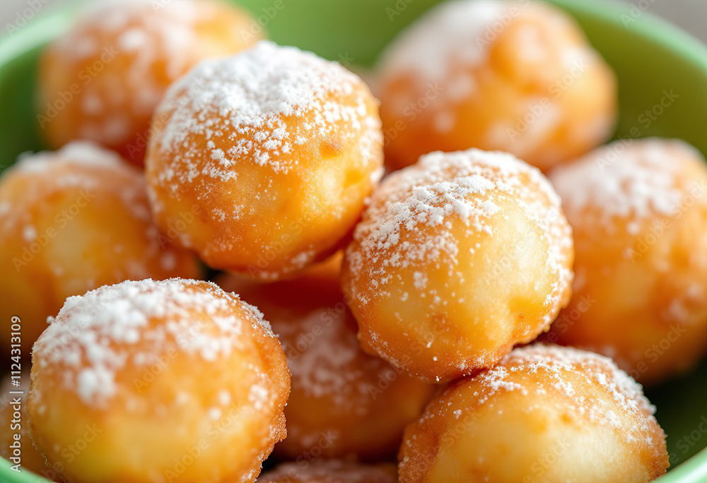 Fried dough balls coated in powdered sugar, served in a green bowl Fried dough balls coated in powdered sugar, served in a green bowl