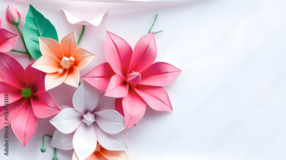 Paper flowers in bright colors arranged with copy space for creative designs Paper flowers in bright colors arranged with copy space for creative designs