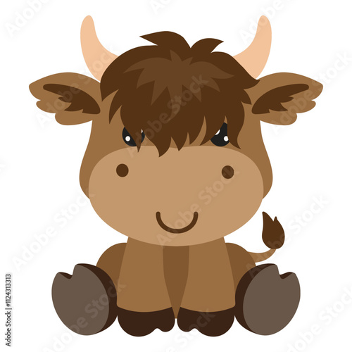 Cute sitting Highland baby cow vector cartoon illustration