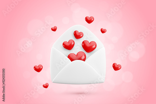 Vector cartoon 3d love letter banner. Realistic 3d render white opened envelope and flying out hearts confetti. Valentines Day greeting card, Love message wallpaper, Cute Valentine email background.