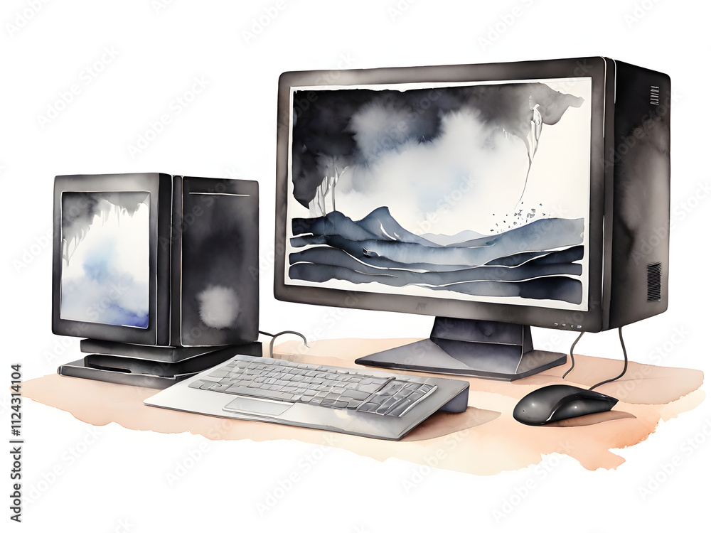 Fototapeta premium computer monitor with mouse watercolor on white background
