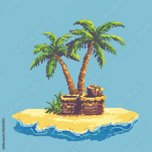 Create pixel art enchanted islands with palm trees and treasure chests, vector icon design, flat style.