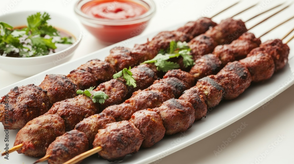 Grilled Skewers of Delicious Meat with Garnish Served on a White Plate, Accompanied by Dipping Sauces and Fresh Herbs for a Culinary Delight Grilled Skewers of Delicious Meat with Garnish Served on a White Plate, Accompanied by Dipping Sauces and Fresh Herbs for a Culinary Delight