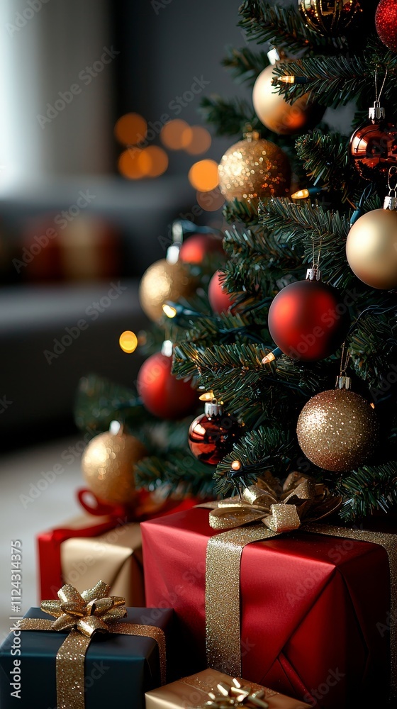 Christmas tree with golden ornaments, glowing string lights, and a star topper, gifts wrapped in red and gold under the tree, Christmas tree with golden ornaments, glowing string lights, and a star topper, gifts wrapped in red and gold under the tree,