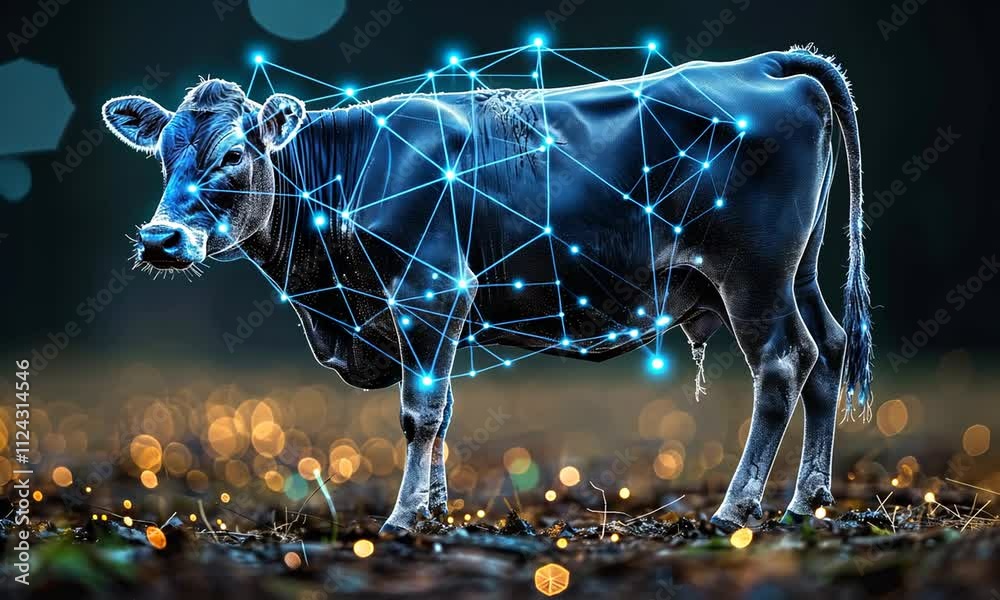 A stylized cow stands in a field at night, illuminated by glowing lights. A stylized cow stands in a field at night, illuminated by glowing lights.