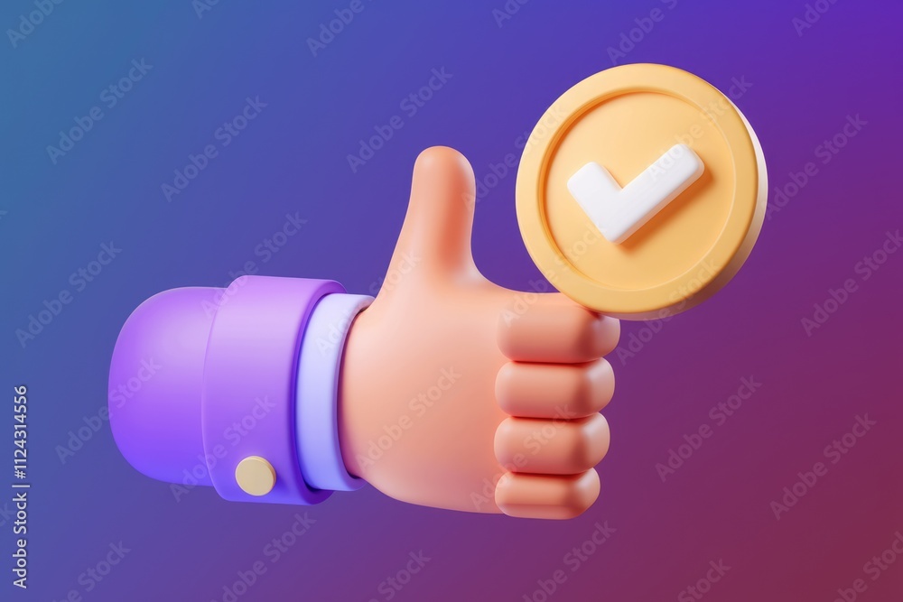 3D cartoon hand giving thumbs up with a checkmark symbol, signifying approval and success. 3D cartoon hand giving thumbs up with a checkmark symbol, signifying approval and success.