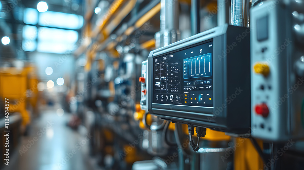 Close-up of an advanced industrial control panel in a modern factory setting, surrounded by machinery and pipes, emphasizing technology and precision. Close-up of an advanced industrial control panel in a modern factory setting, surrounded by machinery and pipes, emphasizing technology and precision.