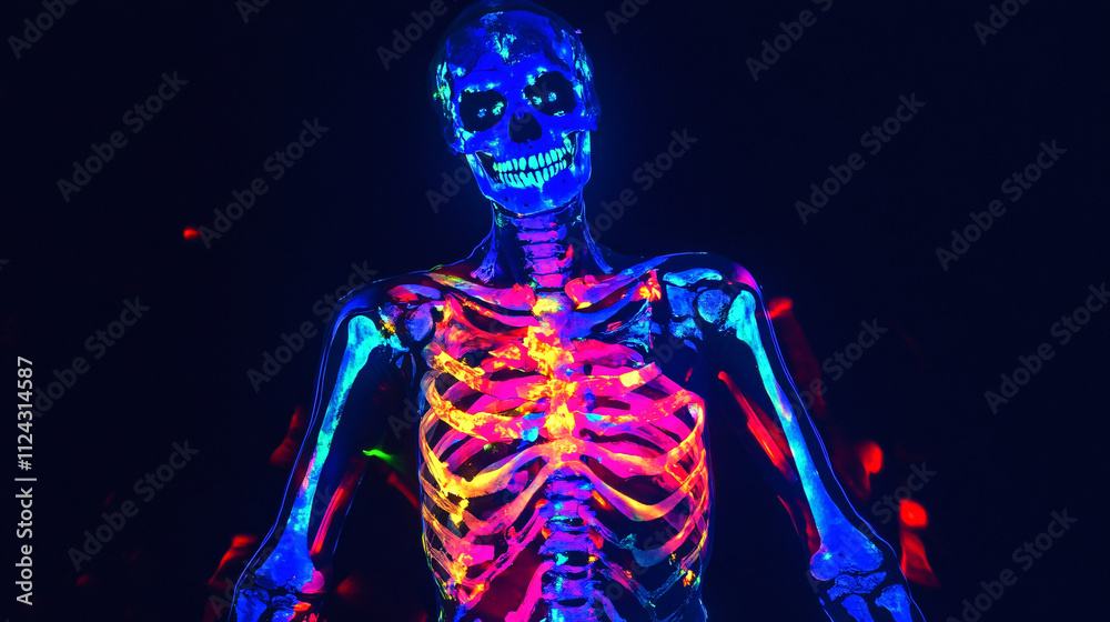 Wearing a skeleton bodysuit with glow-in-the-dark elements. Wearing a skeleton bodysuit with glow-in-the-dark elements.