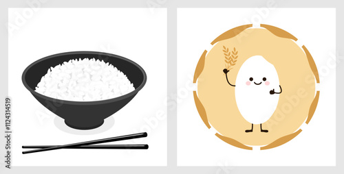 Bowl, chopsticks,  rice cartoon mascot and rice plant signs isolated on white backgrounds vector. 