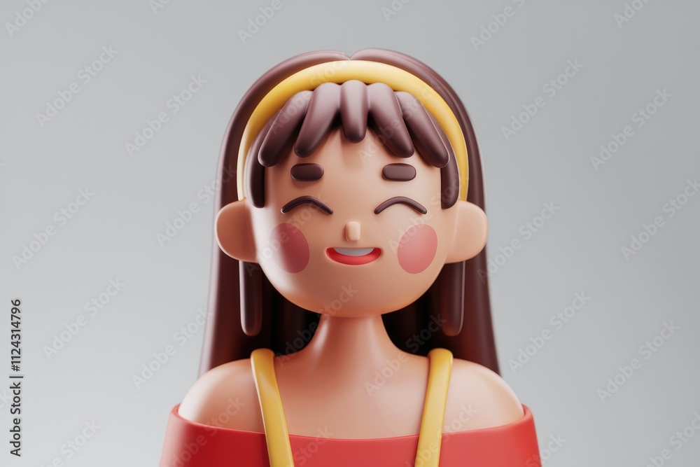 A cheerful 3D-rendered girl with brown hair, wearing a yellow headband and red dress, smiles.