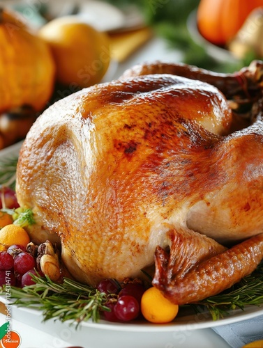 Roasted Turkey with Cranberries and Garnishes on a Plate photo