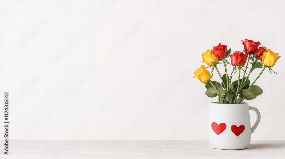 A charming vase with red and yellow roses sits on a light wooden surface, adding a touch of warmth to a minimalist background.