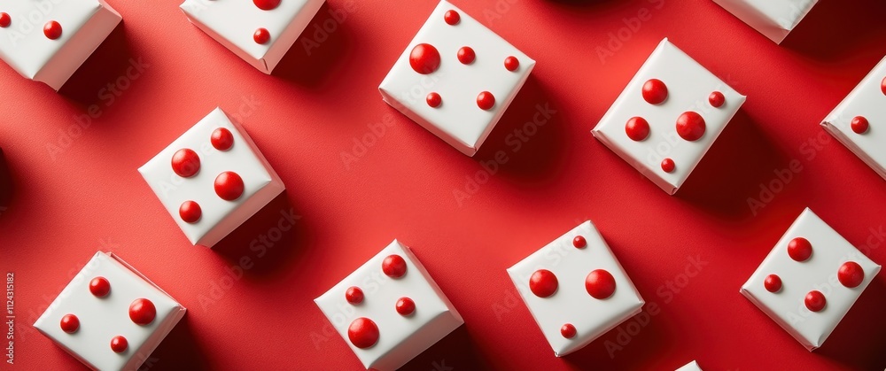 Colorful Arrangement of White Boxes with Red Dots on a Vibrant Red Background, Perfect for Modern Art, Packaging Designs, or Creative Projects Colorful Arrangement of White Boxes with Red Dots on a Vibrant Red Background, Perfect for Modern Art, Packaging Designs, or Creative Projects