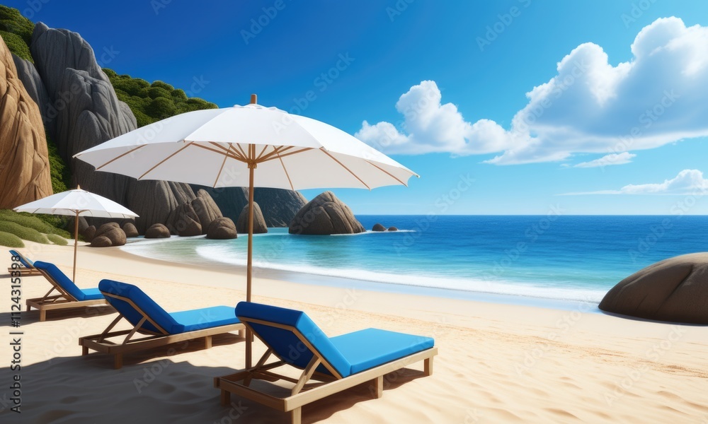 Scenic beach paradise with umbrellas and lounge chairs on a sunny day Scenic beach paradise with umbrellas and lounge chairs on a sunny day