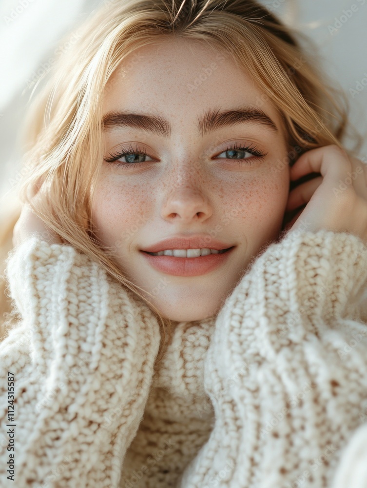 Serene Beauty: Young Woman in Cozy Sweater Serene Beauty: Young Woman in Cozy Sweater