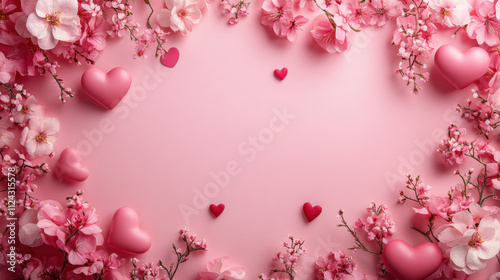 pink background with hearts and flowers, st valentine concept, copy space