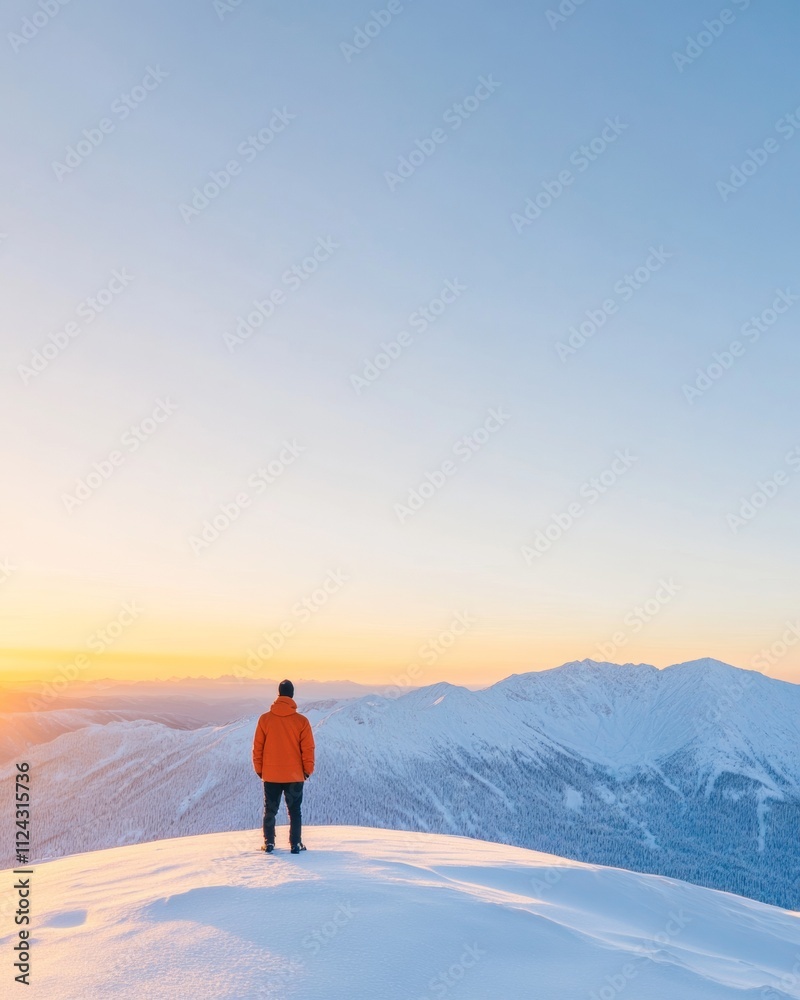 Solitary Traveler on Snowy Hilltop at Sunset with Majestic Mountain View Solitary Traveler on Snowy Hilltop at Sunset with Majestic Mountain View