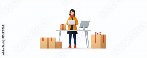 A woman stands at a desk with a laptop, surrounded by packages, reflecting a workspace focused on shipping or online business.