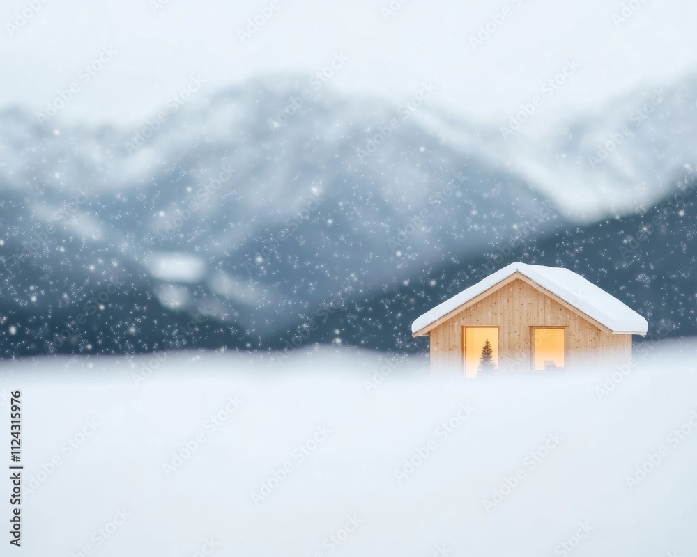 Cozy Winter Cabin Amidst Serene Snowy Landscape with Glowing Windows Cozy Winter Cabin Amidst Serene Snowy Landscape with Glowing Windows