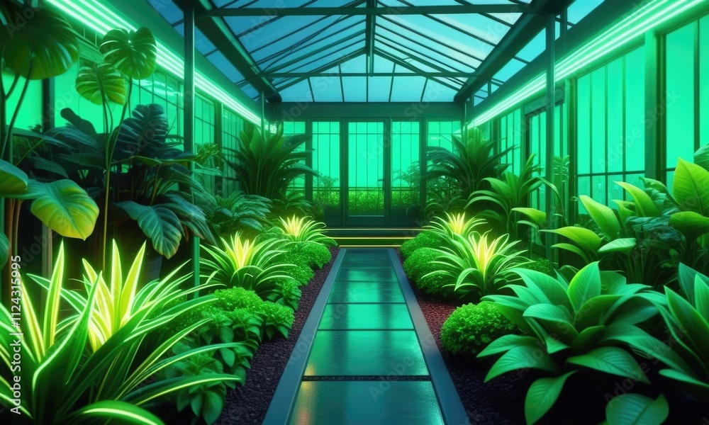 Futuristic greenhouse with neon lighting and lush foliage Futuristic greenhouse with neon lighting and lush foliage