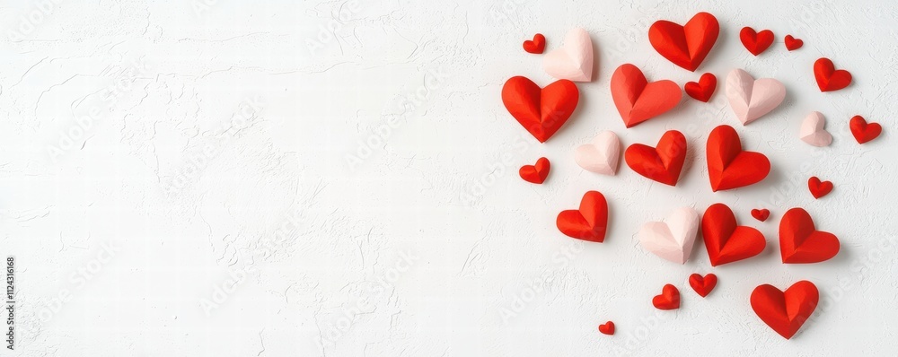 A scattering of red and pink heart shapes on a light background, symbolizing love and affection. A scattering of red and pink heart shapes on a light background, symbolizing love and affection.