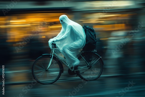 A cute white ghost riding a bicycle at full speed down a street, Photography design,


 photo