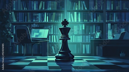 A solitary black king chess piece stands prominently in a dimly lit library, symbolizing strategy and intelligence. photo