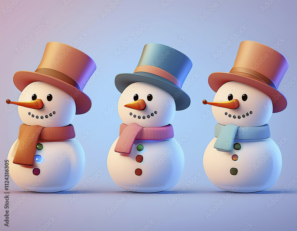 3d cartoon series of snowmen with a hat and scarf