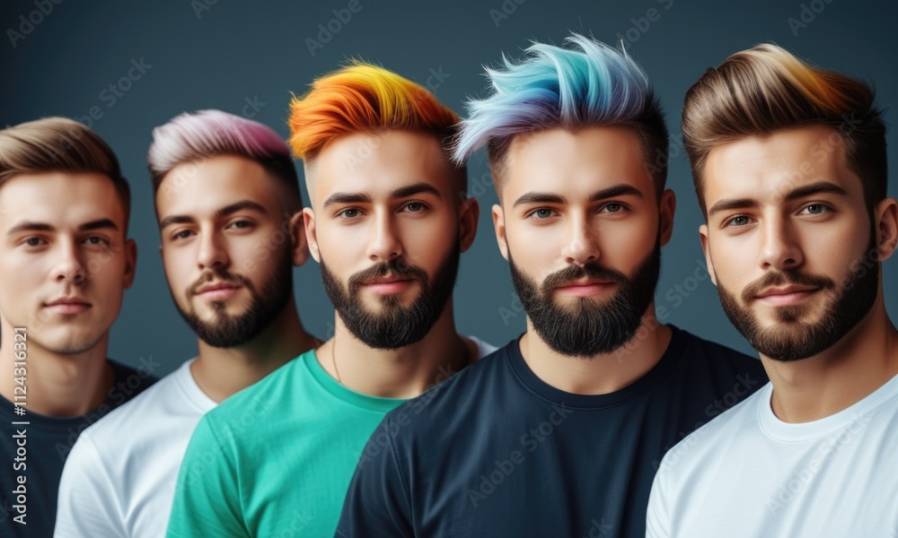 Vibrant hairstyles: five diverse men with trendy hair colors and beards Vibrant hairstyles: five diverse men with trendy hair colors and beards