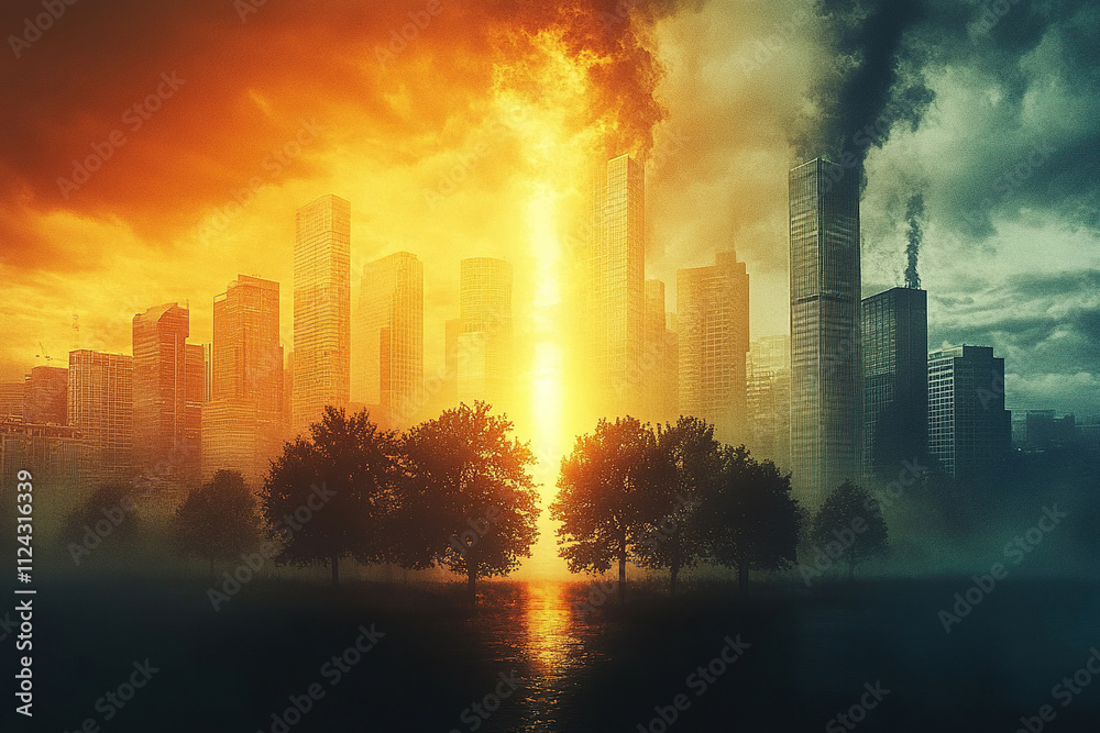 Obraz premium Image of a city with skyscrapers and trees shrouded in clouds of smoke. Concept of climate catastrophe. Environment