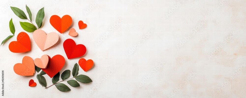 A collection of colorful heart shapes surrounded by leaves on a light background, symbolizing love and affection. A collection of colorful heart shapes surrounded by leaves on a light background, symbolizing love and affection.