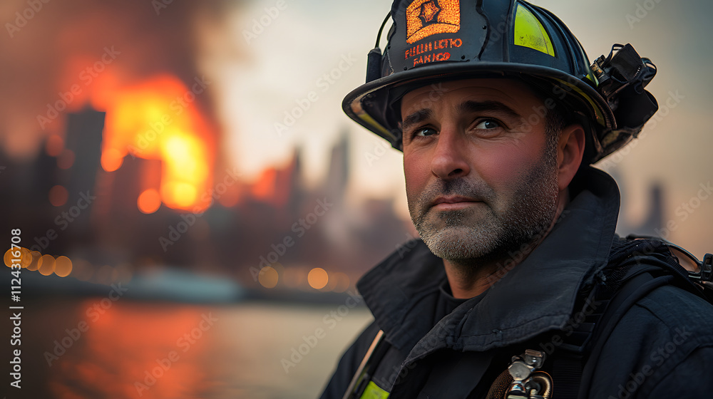 Close-up portrait of a firefighter in full gear, standing near a waterfront with a massive urban fire in the background, symbolizing resilience and heroism. Close-up portrait of a firefighter in full gear, standing near a waterfront with a massive urban fire in the background, symbolizing resilience and heroism.