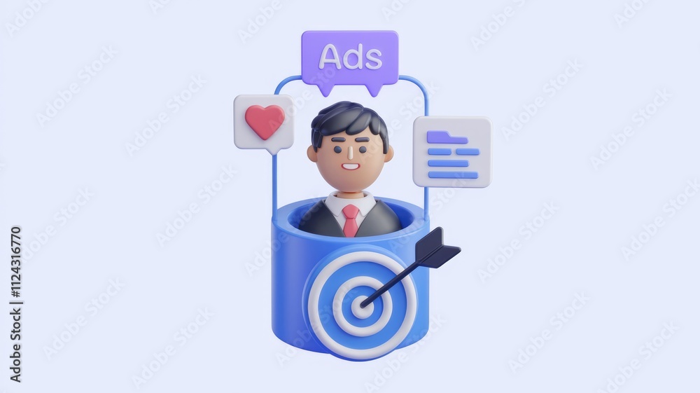 A 3D illustration showing a businessman achieving his advertising goals, symbolized by a target and positive feedback. A 3D illustration showing a businessman achieving his advertising goals, symbolized by a target and positive feedback.