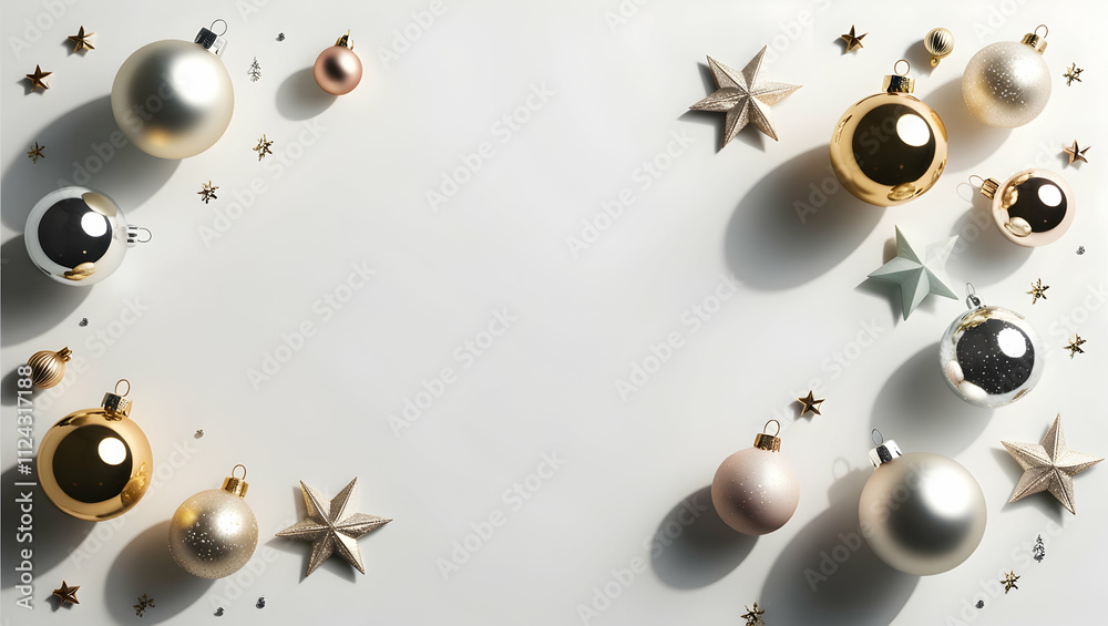 Fototapeta premium Christmas and New Year holiday background. Xmas greeting card. Christmas gifts on white background top view. Noel. Flat lay/A festive flat lay featuring Christmas and New Year elements on a white 