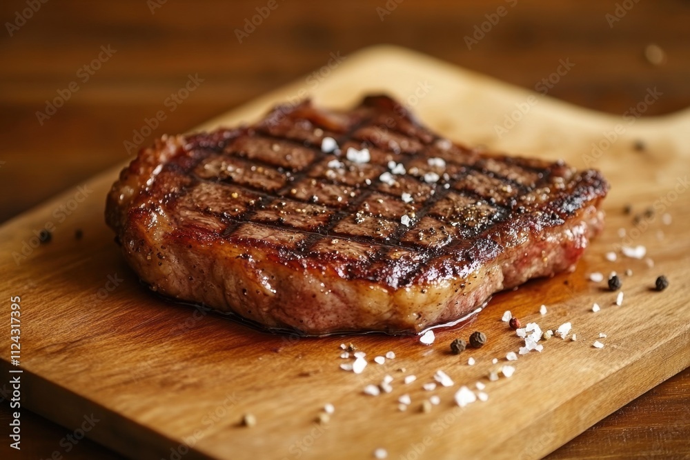 Grilling perfection a juicy ribeye steak on a wooden cutting board rustic kitchen gourmet food photography warm ambiance culinary excellence with meat