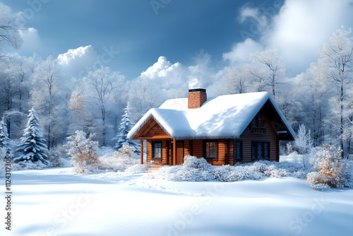 A small cabin in the woods is covered in snow. The house is surrounded by trees and the sky is cloudy. The scene is peaceful and serene, with the snow covering the ground