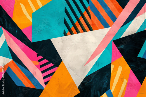 Geometric pattern featuring bold, interlocking shapes in contrasting colors.